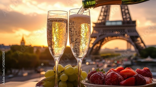 Champagne is poured into a glass on the background of Paris. Selective focus photo