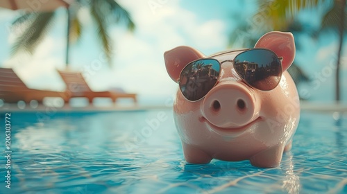 The happy piggy bank with trendy sunglasses stands proudly in the pool, embodying the spirit of fun, leisure, and intelligent savings during a sunny summer day. photo