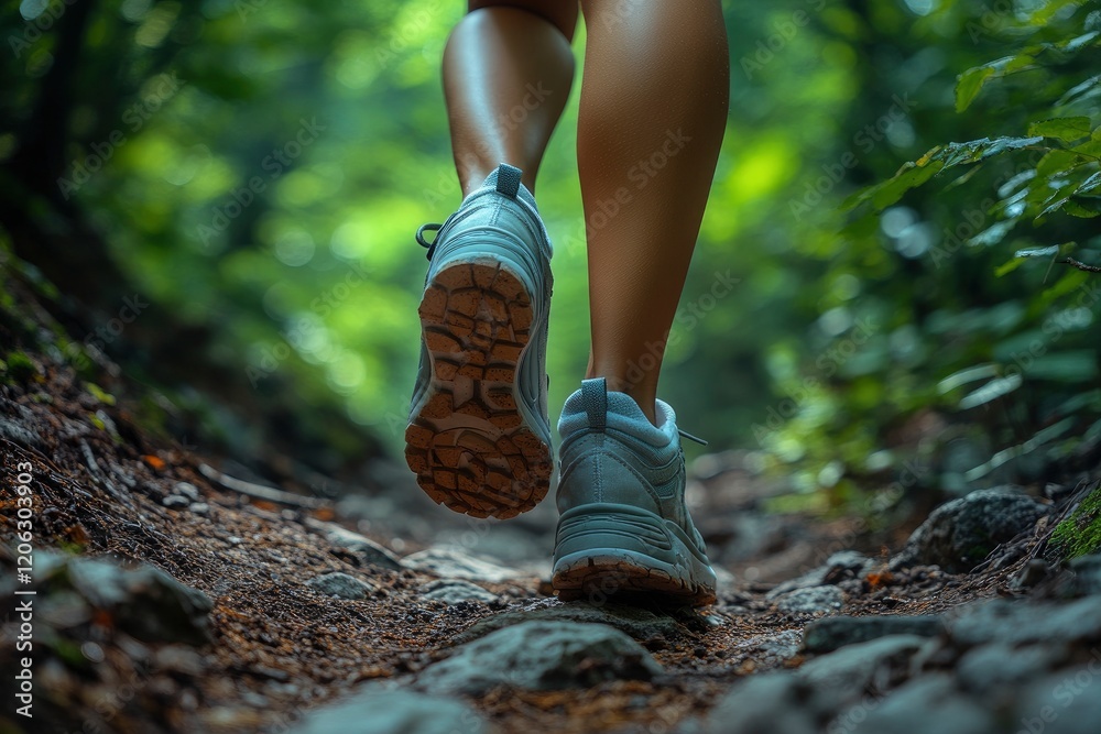 Close-up of a feet in hiking shoes walking on a forest trail, low-angle view, sunlight filtering through the trees Close-up of a feet in hiking shoes walking on a forest trail, low-angle view, sunlight filtering through the trees