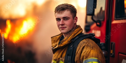 Brave firefighter standing in front of a blazing fire. This image captures courage and strength. A powerful visual story about firefighting and heroism. Ideal for articles. AI photo