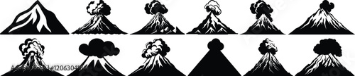 Volcano silhouettes set, mountain pack of vector silhouette design, isolated background