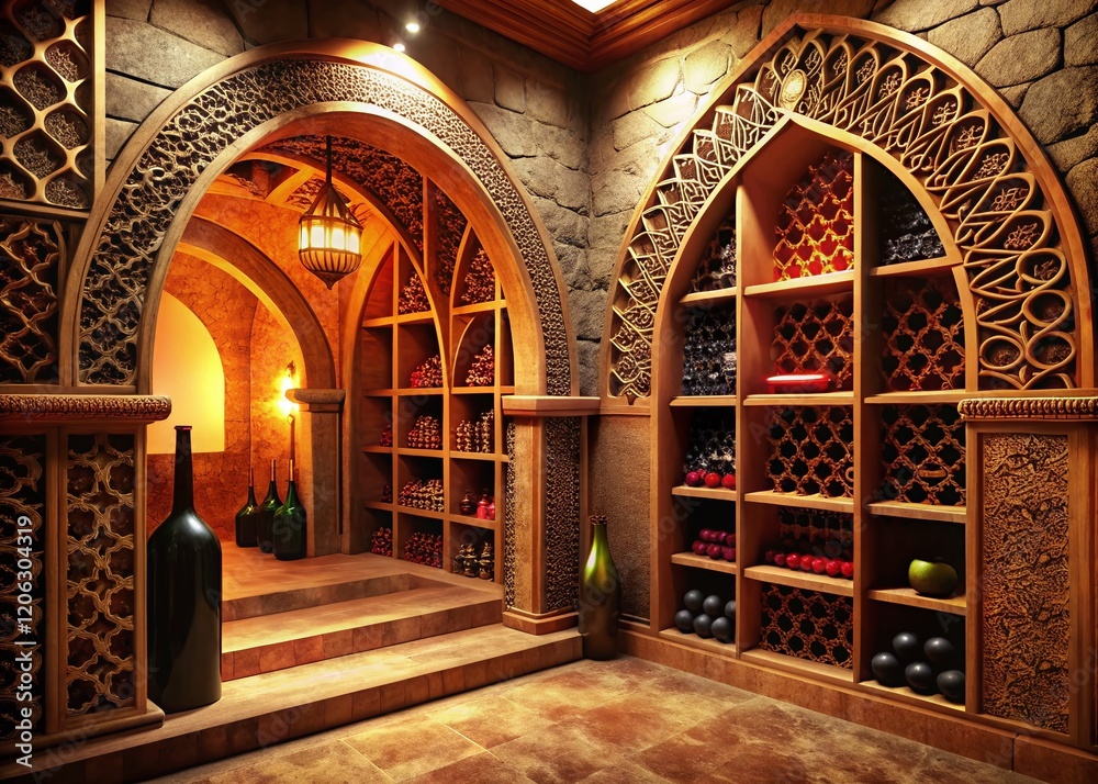 Obraz premium Moroccan Wine Cellar 3D Render: Macro Shot of Wine Bottles on Shelves