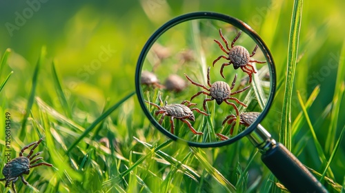 Mites and magnifying glass. Selective focus photo