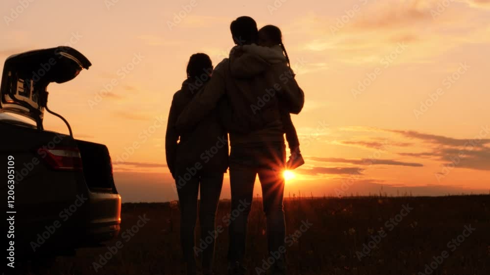 Silhouettes of happy family at sunset near car. Dad mom and girl kid watching contemplating setting sun, orange stunning summer sky. Solitude of family in nature, break from hustle and bustle of city