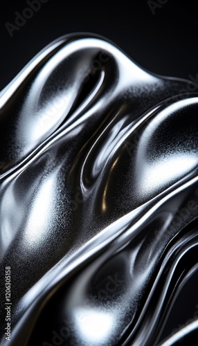 Abstract Smooth Gray Fluid Waves Flowing Dynamically On Black Background, Studio Lighting