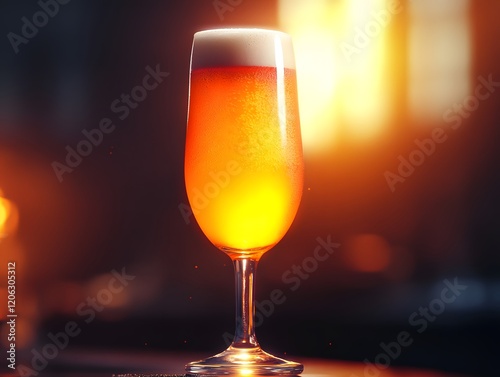 Cold beer in a glass close up in a dark pub with a sunset. National beer day concept photo