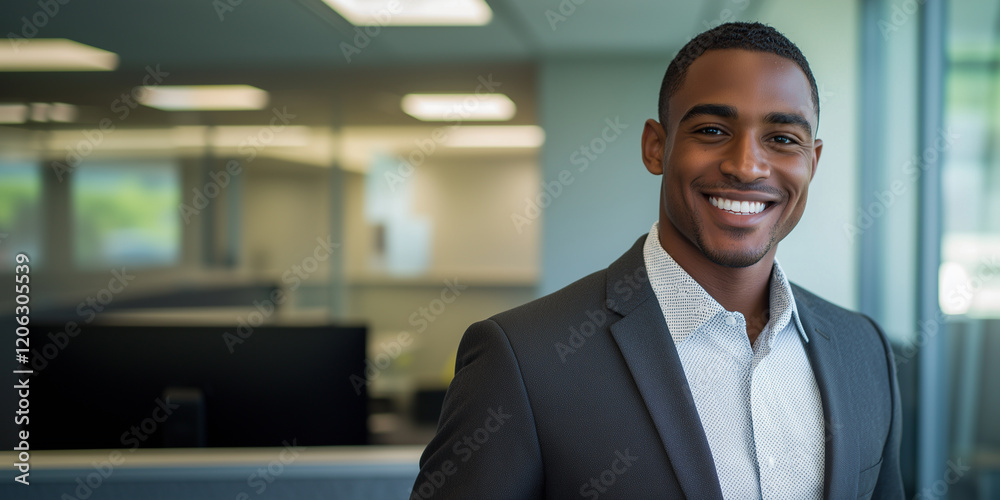 Fototapeta premium businessman, attractive man , smile, suit jacket and modern office background
