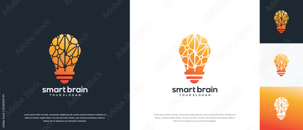 Naklejka premium Light bulb and brain network technology logo design. Digital technology logo design vector icon combination of light bulb brain.