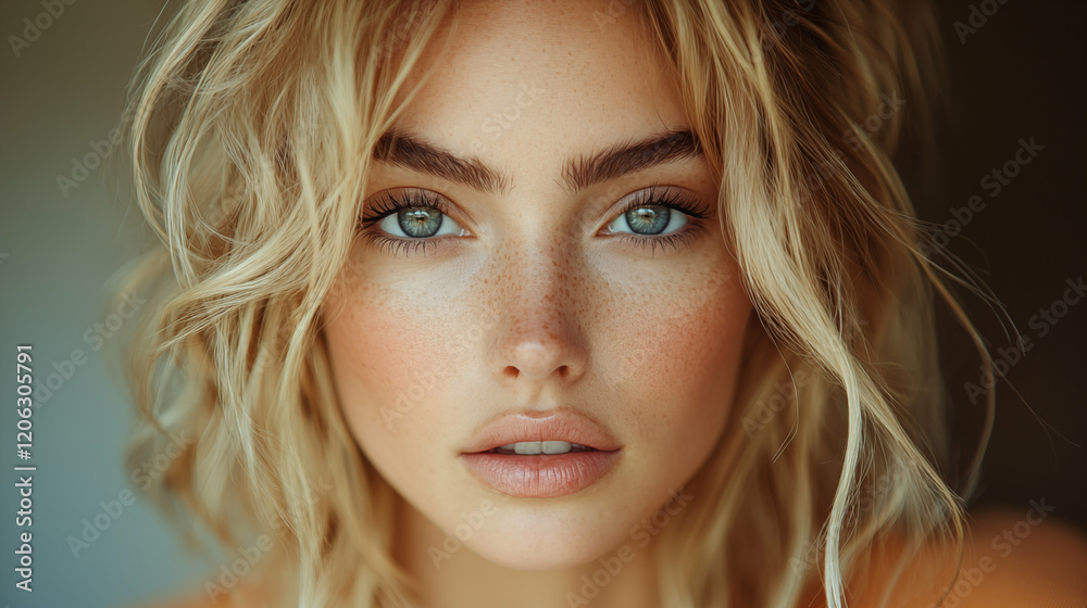 White woman with blonde hair and freckles in close-up portrait, natural beauty concept. Fresh-faced aesthetic with blue eyes White woman with blonde hair and freckles in close-up portrait, natural beauty concept. Fresh-faced aesthetic with blue eyes