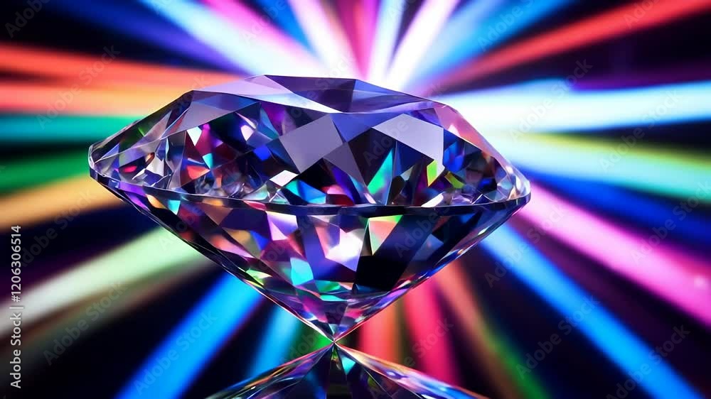A brilliant diamond gemstone reflects vibrant colors in a mesmerizing light display