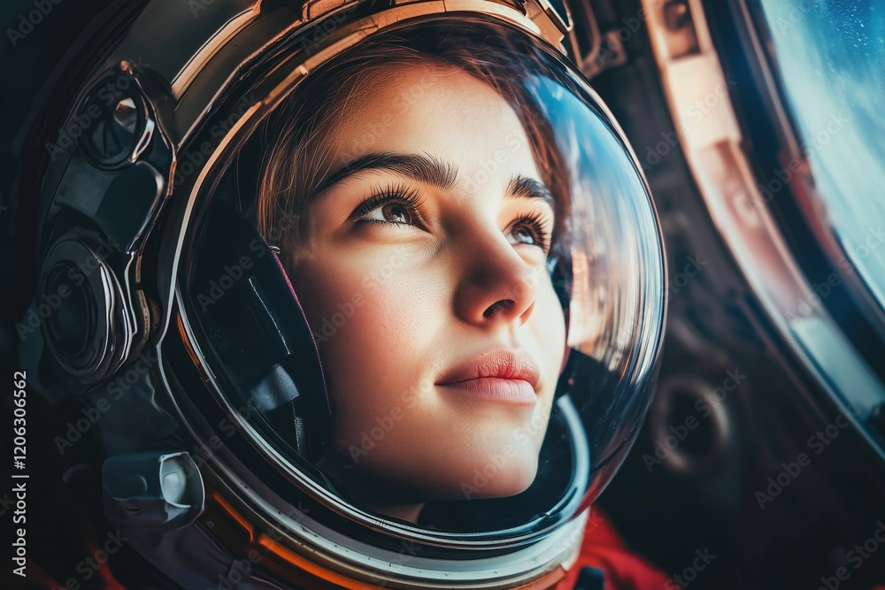A young female astronaut gazing thoughtfully out of a spacecraft window. A young female astronaut gazing thoughtfully out of a spacecraft window.