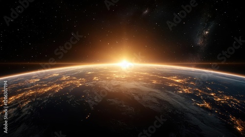 Earth sunrise space view, city lights, cosmic background, perfect for travel or science