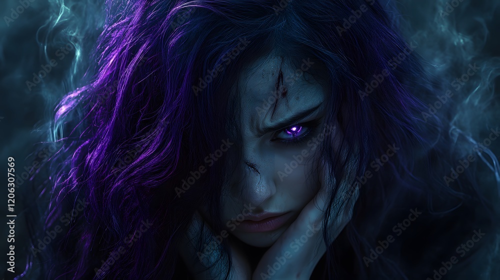 A Distressed Character with Long Purple Hair Expresses Fear Amidst Dark Swirling Patterns Symbolizing Emotional Turmoil