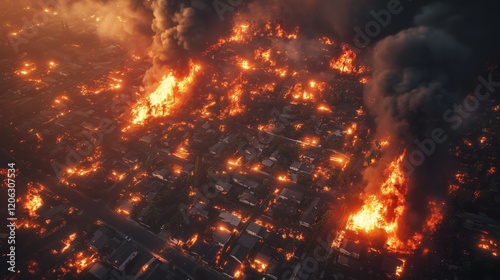 Aerial view of extensive fire engulfing residential neighborhood buildings in LA