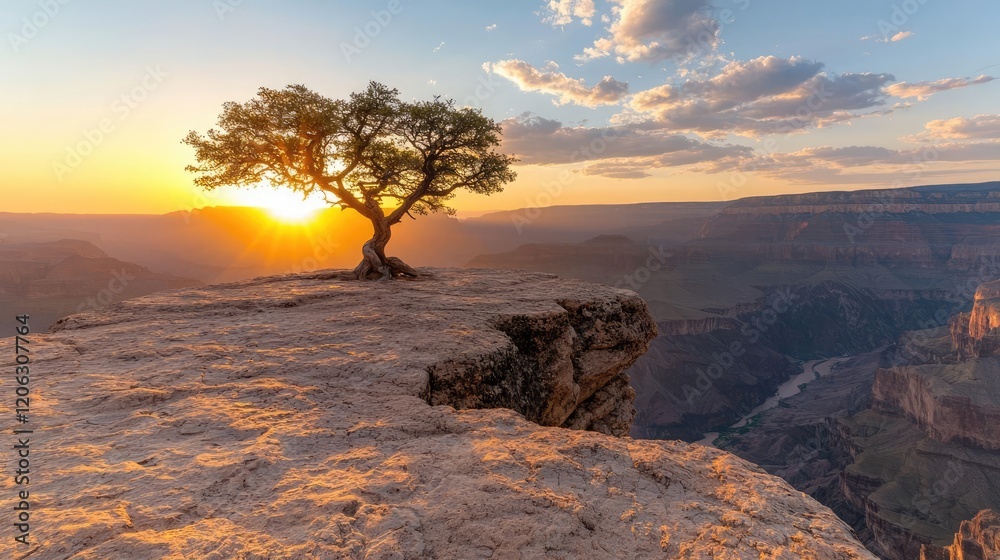 Sunrise over Grand Canyon, lone tree on cliff edge, peaceful vista
