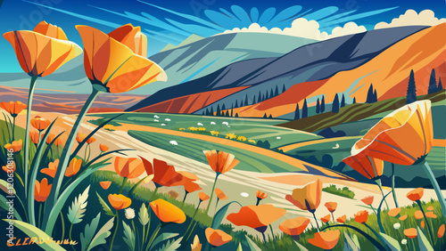 - LAKE ELSINORE, CA, USA - "Super Bloom" California Poppies in Walker Canyon outside of Lake Elsinore, Riverside 