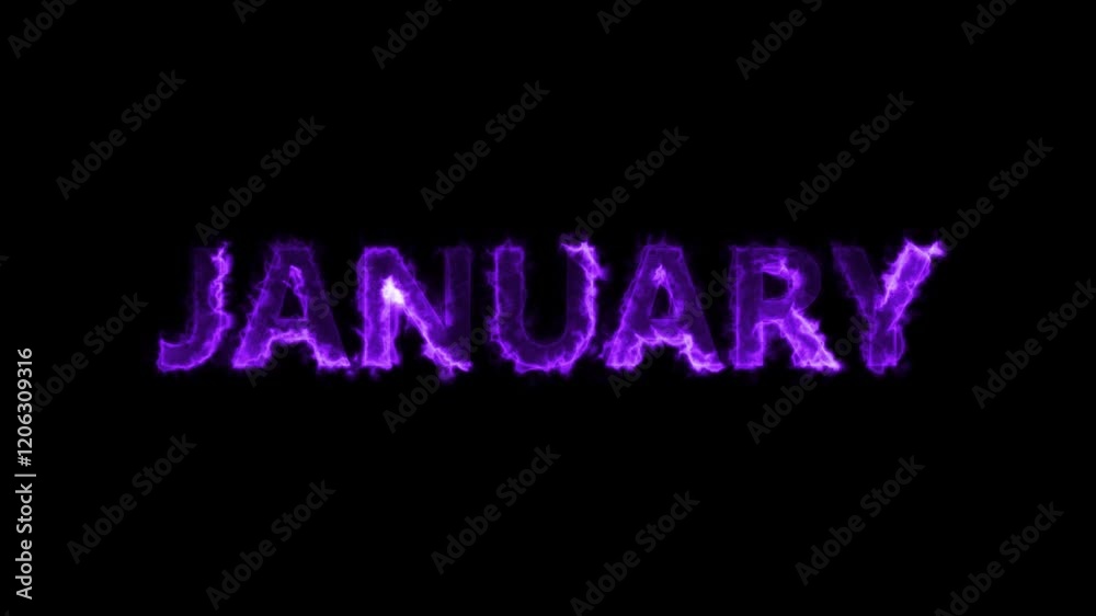 Word 'JANUARY' neon glowing on a black background with reflections on a floor. Neon glow signs in seamless loop motion graphic