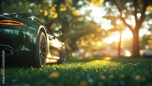 Fototapeta Naklejka Na Ścianę i Meble -  Luxury Car Parked in a Serene Park, Sunlight, Green Grass, Summer Evening, Copy Space