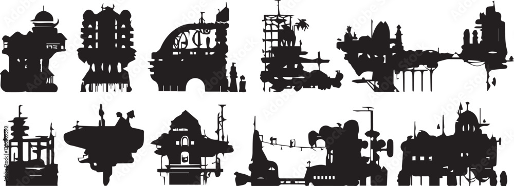 A set of houses silhouettes for flat design. Hand drawn vector illustration A set of houses silhouettes for flat design. Hand drawn vector illustration