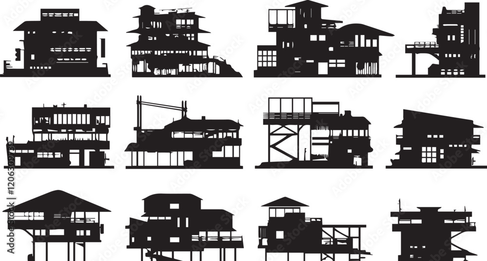 Fototapeta premium A set of houses silhouettes for flat design. Hand drawn vector illustration