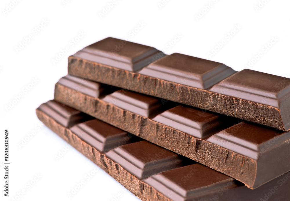 Chocolate bars stacked neatly on a white surface for an appealing presentation Chocolate bars stacked neatly on a white surface for an appealing presentation
