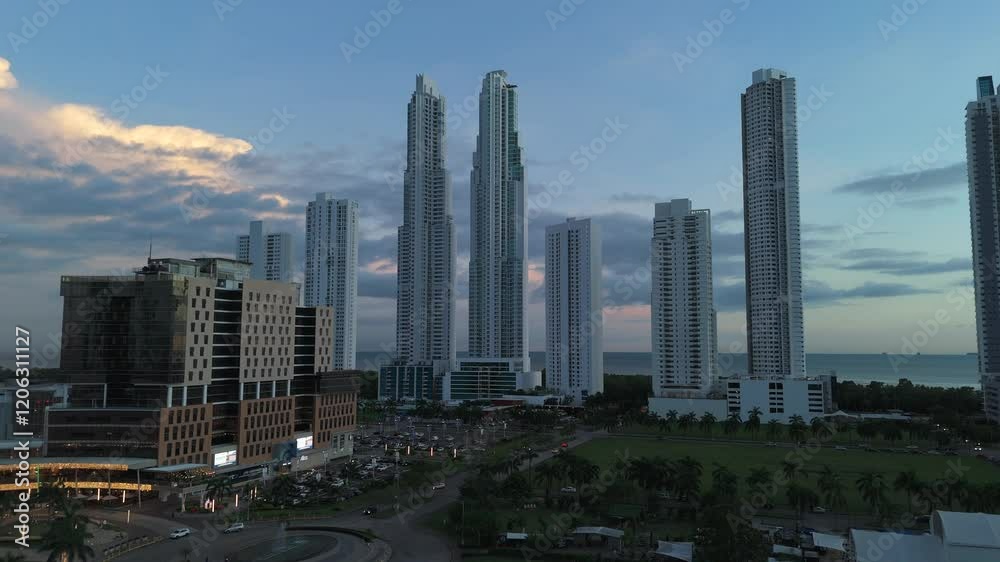 Aerial view of drone at Costa de Este in Panama City flying over Panama City during sunset Aerial view of drone at Costa de Este in Panama City flying over Panama City during sunset
