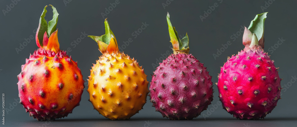 Vibrant exotic fruits with smooth skin and textured surfaces displayed artistically Vibrant exotic fruits with smooth skin and textured surfaces displayed artistically
