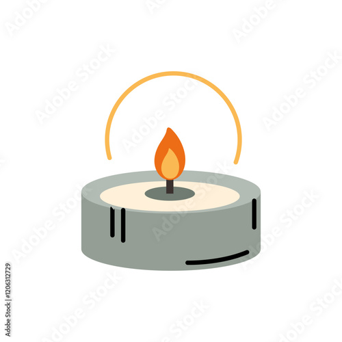 Minimalist tea light candle icon with flame. cozy aromatic candle. Aromatherapy and relaxation. vector illustration