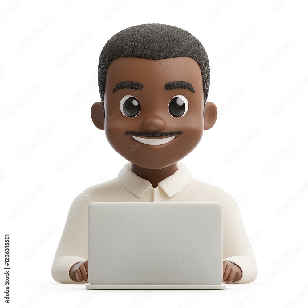 3D memoji representation of an African American man engaged with a laptop in a casual setting on a white background 3D memoji representation of an African American man engaged with a laptop in a casual setting on a white background
