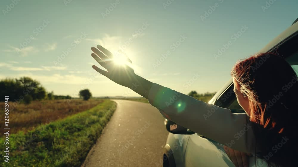 girl rides car with her hand out window, wind freedom sunset, hair fluttering, car ride, free young girl, summer trip by car, girl waving her hand from car window, adventure lifestyle, dream girl and
