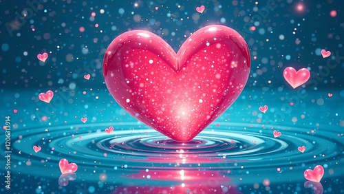 Illustration of pink glittery heart falling into blue water along with little hearts. Valentine's Day background card. Generated by AI.
