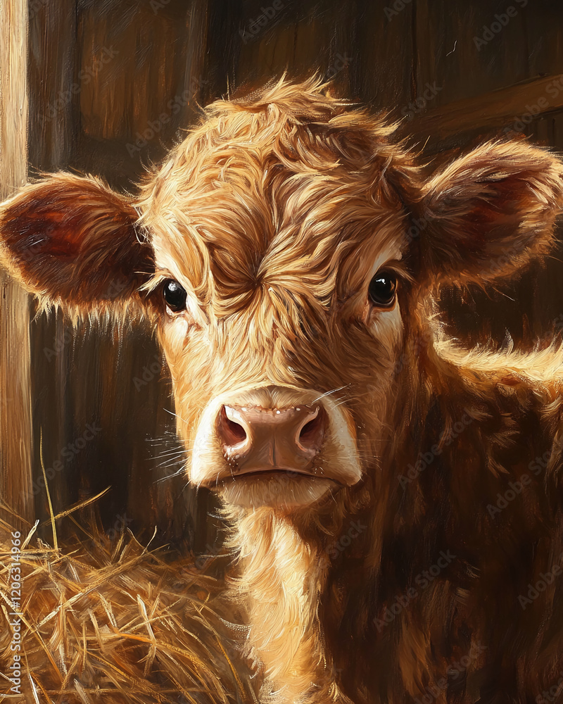 Close-up portrait of a curious brown calf with a soft expression in a barn setting Close-up portrait of a curious brown calf with a soft expression in a barn setting