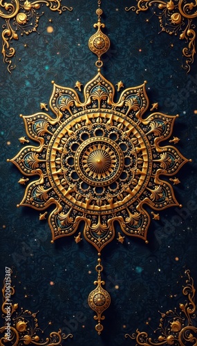 Intricate golden arabesque mandala on rich background, culture, islam