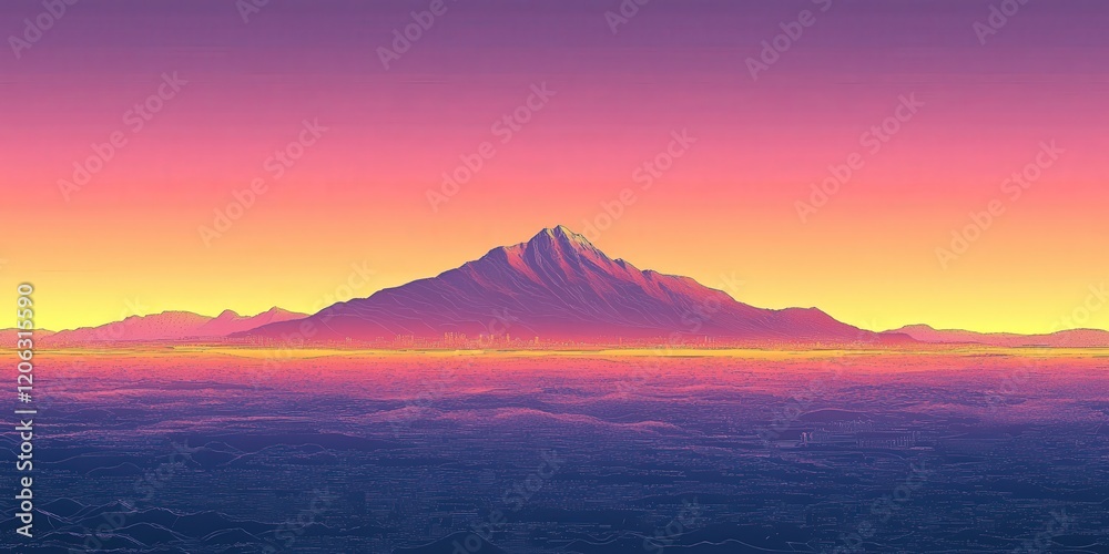 Stunning Vibrant Sunset Over Majestic Mountain Peak in Serene Landscape with Colorful Sky and Tranquil Horizon Ideal for Desktop Backgrounds and Nature Enthusiasts