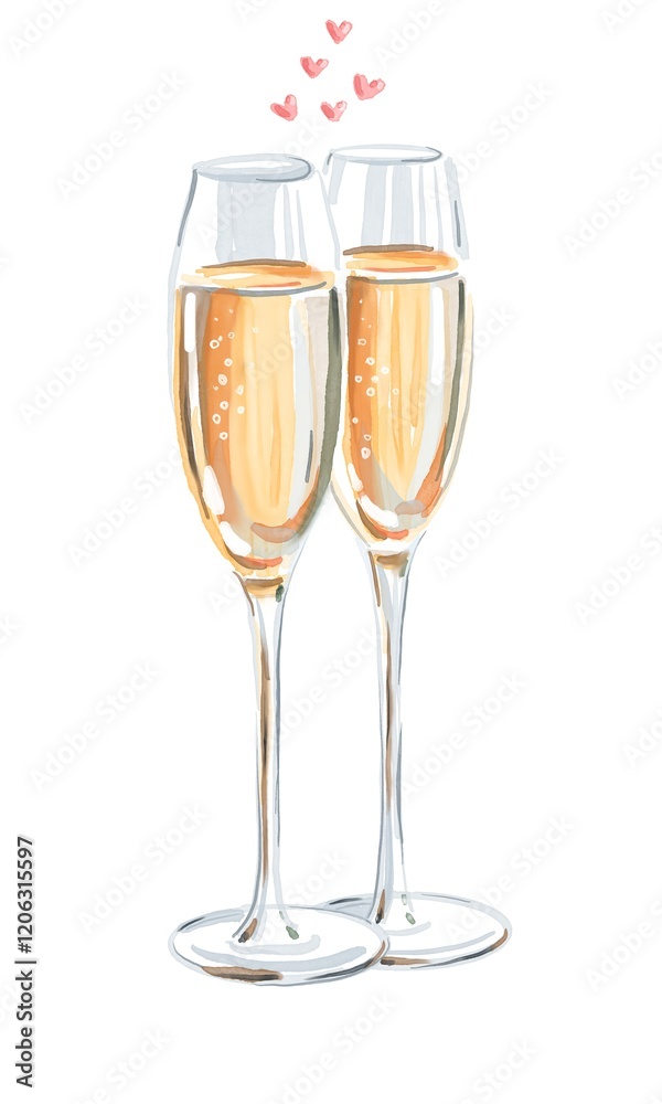 Two champagne glasses. Watercolor illustration Two champagne glasses. Watercolor illustration