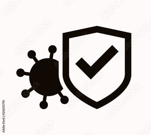 Antivirus or virus protection icon. Protection shield with checkmark in front of a virus. Vector illustration isolated on white background.