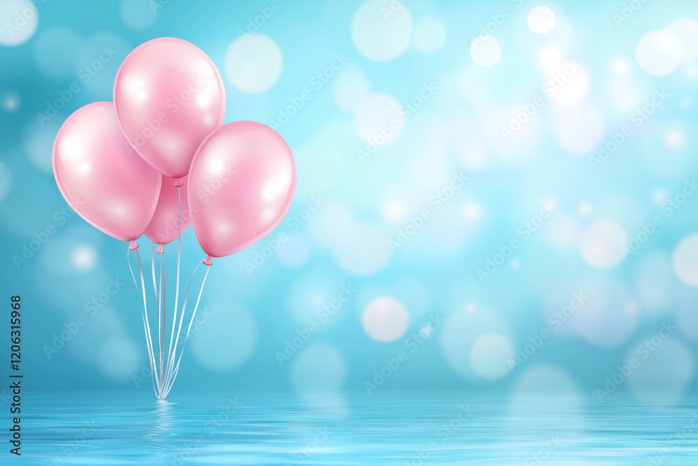 Pink balloons float above a shimmering surface in a bright blue background setting Pink balloons float above a shimmering surface in a bright blue background setting