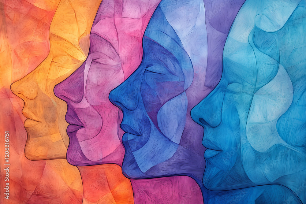 Four profile silhouettes of people in various colors. Creative concept of equality, team building, social relations, differences, being single-minded Four profile silhouettes of people in various colors. Creative concept of equality, team building, social relations, differences, being single-minded
