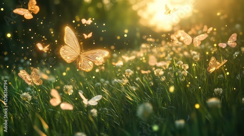 Magical sunset scene with numerous butterflies flying over a field of flowers.