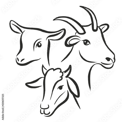 Minimalist line art of goats and cattle in black and white