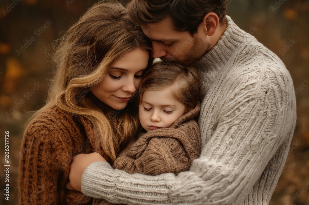 Fototapeta premium Parents hugging their daughter in a forest during a warm autumn day, wearing knitted sweaters