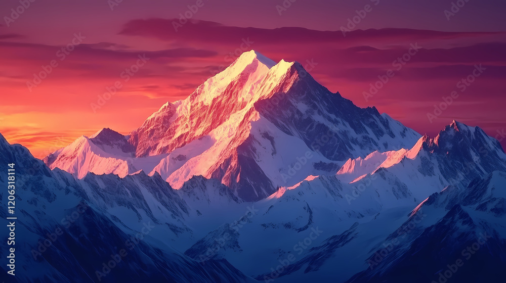 Fototapeta premium Majestic mountain range beneath a crimson sunset with snow-capped peaks. Crimson Mountain. Illustration