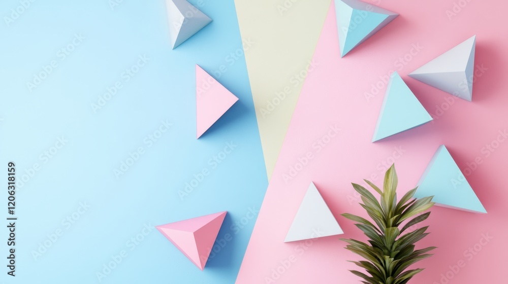 Pastel Pyramids and Tropical Plant Minimalist Flat Lay Photography Pastel Pyramids and Tropical Plant Minimalist Flat Lay Photography
