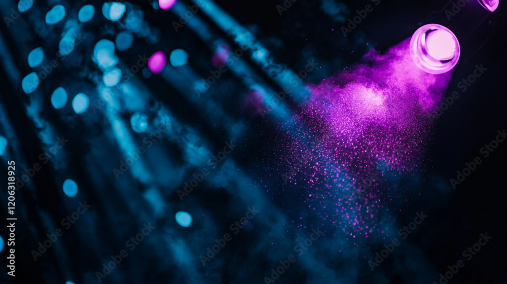 Purple and blue spotlight beam with glittering particles and smoky background, abstract stage lighting Purple and blue spotlight beam with glittering particles and smoky background, abstract stage lighting