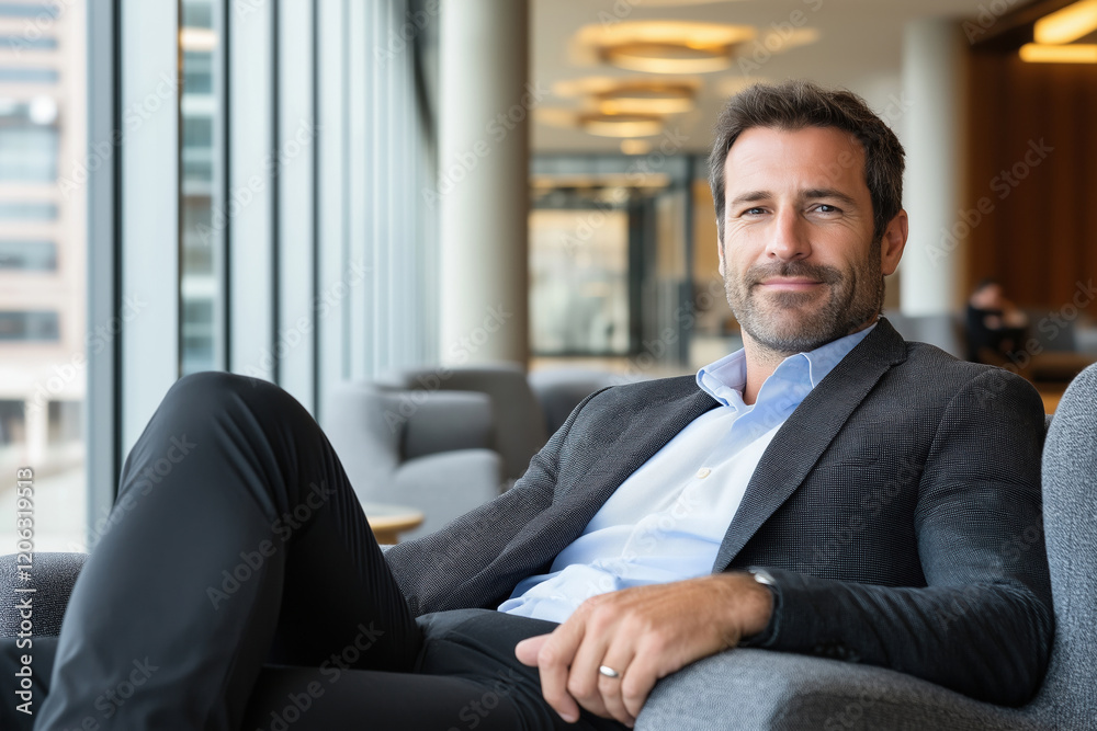 Business professional relaxing by large windows in urban office Business professional relaxing by large windows in urban office