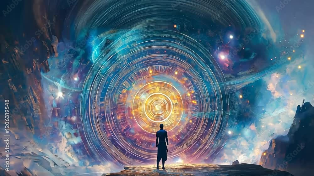Abstract cosmic scene of a lone figure facing a vibrant portal of light surrounded by swirling galaxies, symbolizing discovery and infinite possibilities
