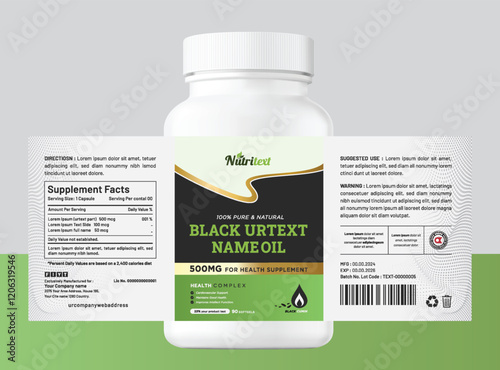 Modern and creative design for natural food jar labels and product packaging, featuring organic oil supplements.