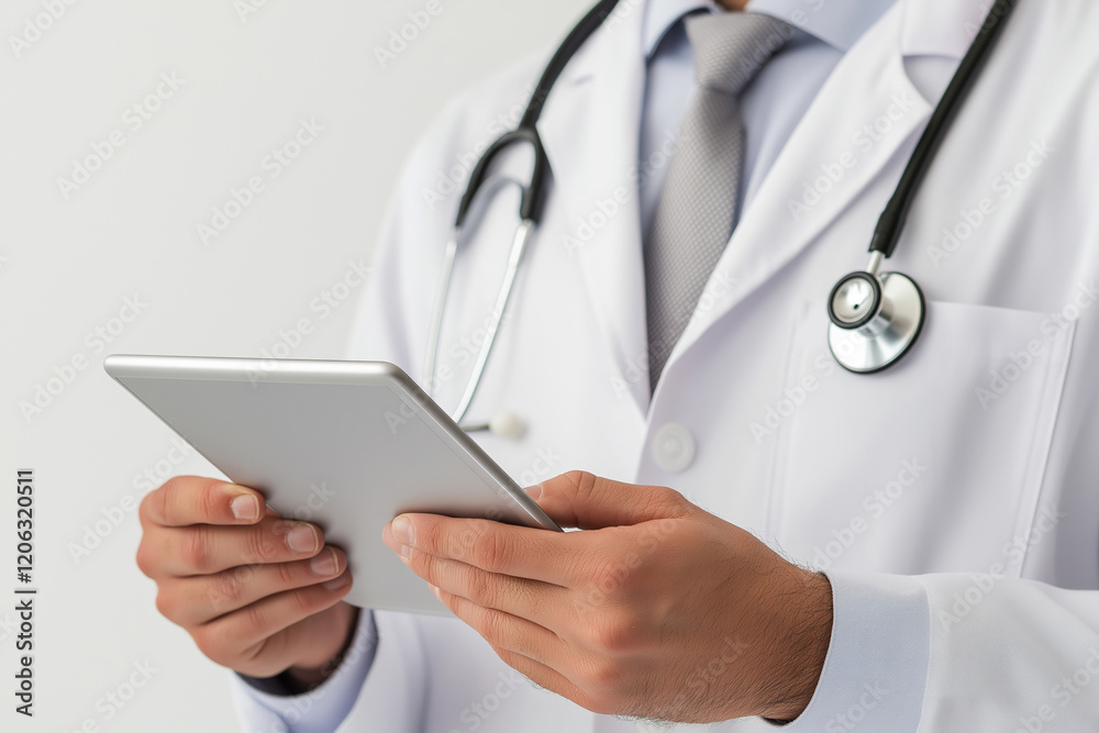 Doctor using tablet for patient information in a clinical environment Doctor using tablet for patient information in a clinical environment