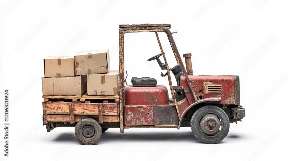 An old forklift truck carrying boxes on a pallet, isolated against a white background for presentation clarity An old forklift truck carrying boxes on a pallet, isolated against a white background for presentation clarity