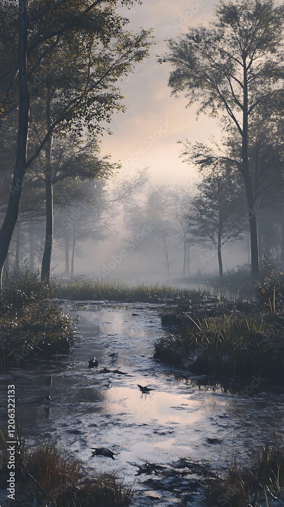 Serene forest landscape with a misty creek and lush greenery. Serene forest landscape with a misty creek and lush greenery.